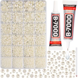 10000Pcs Ivory Flatback Pearls with B7000 Glue Kit for Crafts Crafting Shoes Nail Art Decoration Embellishment, Beige Half Round Flat Back Pearls Beads Set, Mixed Sizes 2mm 3mm 4mm 5mm 6mm 8mm 10mm