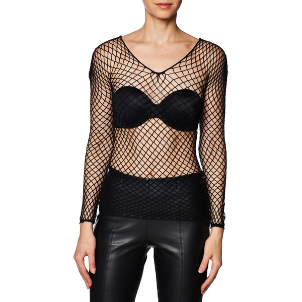 Elegant Moments Women's Plus-Size Fence Net Long Sleeve Cami Top, Black, Plus Size