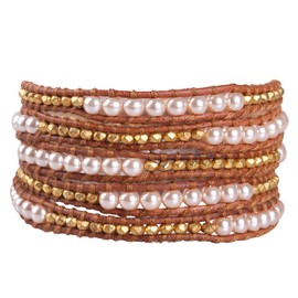 KELITCH Imitation-Pearl and Gold-Plated Metal Nugget Bead 5 Wrap Bracelet on Brown Leather