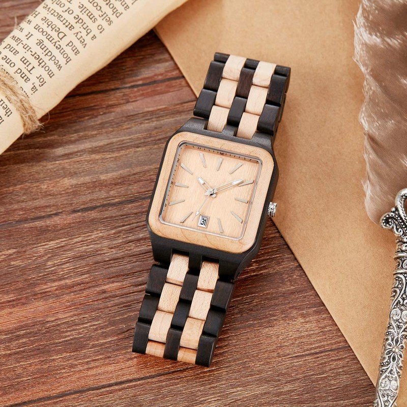 Dentily Wood Watch Rectangle Dial Wooden Watches for Men Quartz