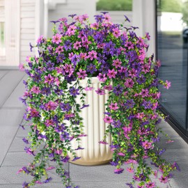 Artificial Hanging Flowers for Outdoors, 2 Pcs Fake Hanging Plant Spring Summer Decor, UV Resistant No Fade Realistic Faux Flower for Front Door Porch Planter Patio Garden Yard(Double Purple)