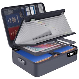 ENGPOW 5200℉ Fireproof File Organizer Bag with 13 Pocket Accordion File Folder,Document Organizer Box with Lock&Labels,Multi-Layer Portable Home Travel Safe Storage Box for Important Documents,Gray