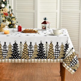 Horaldaily Christmas Tablecloth 60×60 Inch Square, Christmas Trees Buffalo Plaid Beige Washable Table Cover for Party Picnic Dinner Decor