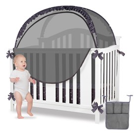 ZXPLO Baby Safety Crib Tent Infant Pop up Mosquito Net Nursery Bed Canopy Netting Cover - Keep Baby from Climbing Out with Hanging Diaper Storage Bag (Dark Gray)