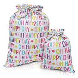 Gather & Knot - Bolsas de regalo con cordón | 20 pulgadas grandes de 12 pulgadas | Lona premium | Envoltura de tela reutilizable para cumpleaños de niñas, baby shower | Oh Happy Day