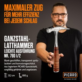 PICARD Roofing Hammer No. 790 ½ + Mini BlackGiant® + Sticker | 800 g Total Weight | Smooth Track | Magnetic Nail Holder | Corrosion Resistant | All-Steel Handle with Leather Handle | GS Tested |