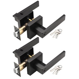KNOBWELL 2 Pack Front Door Handles with Lock and Key, Lockable Door Knobs Entrance Door Lockset Matte Black Square Door Levers(Same Key)