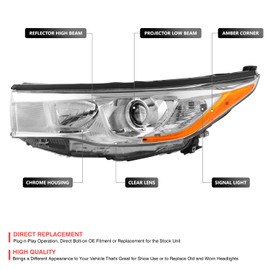 DNA MOTORING Halogen Factory OE Style Driver Side (Left) Headlight Assembly Compatible With Highlander 2014-2016, w/o Auto High Beam; w/o Smoked Chrome Accent, TO2502221, OEM-HL-0381-L