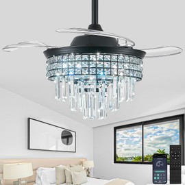 YITGOG Smart Crystal Fandelier with APP Control, 36" Retractable Ceiling Fan Light - Dimmable LED Chandelier Fan, Silent Copper Motor & K9 Crystal Design for Bedroom/Living Room