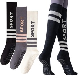 Dress Cici Knee High Non Slip Socks With Grips On Bottom for Yoga and Pilates, Stripes & Sport Letter Print (3 Pairs: Black+Grey+White)