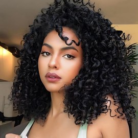 quesdom Pelucas Cortas Y Rizadas, De Cabello Negro, Suave Y Rizado, De Fibra Sintética, Con Flequillo Para Mujeres Negras (1B, Negro)