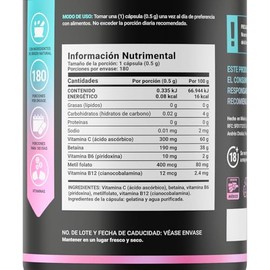 Metil Folato. 180 Cpsulas. Apoyo Durante el Embarazo y Claridad Mental. 500 mg por Cpsula. Adicionado con Betana, B6, B12 y Vitamina C. Ingredientes  