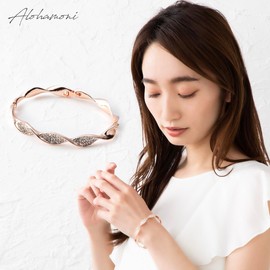 ALOHAMONI Women's Cubic Zirconia Twist Bracelet, Bangle, Curve, Twisted Design, Crystal, Platinum Stone Silver