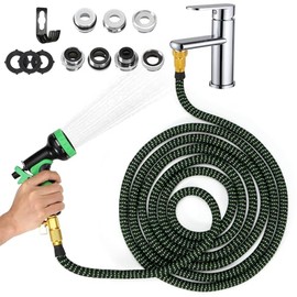 Indoor Sink Hose Attachment for Faucet - (50 FT) Faucet Hose with 7 Adapters for Kitchen Sink Bathroom Sink Faucet, Watering Houseplants, Washing Pets Car Household Cleaning 10-Function Nozzle