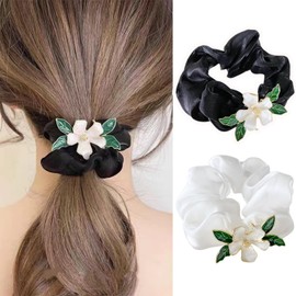 Flower Hair Scrunchies for Women Girls Silk Hair Ties Silk Scrunchies for Hair Floral Elastic Hair Scarf Scrunchie for Thin Hair Ponytail Holder Spring Hair Decorations 2Pcs (Black&White)