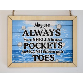 Beach Theme Wall Plaque, Shells and Sand Quote, 16 x 12 cm, Wooden Frame Seaside Nautical Bathroom Sign decor