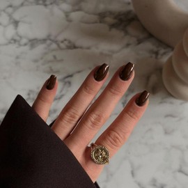 Brown Press on Nails Medium Coffin Fake Nails Press ons, KXAMELIE Full Cover False Nails Tips Medium Length Glue on Nails Natural Thick Long Acrylic Nails 24Pcs Solid Color Coffin Nails for Women