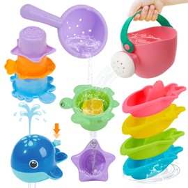 Bath Toys for Toddlers & Kids Ages 1-3, 11 Pcs Mold Free Baby Bath Toys with Bath Boat Whale Bath Toy Sprinkler Stacking Cups Spoon Watering Can, Water Table & Pool Toys Birthday Gifts