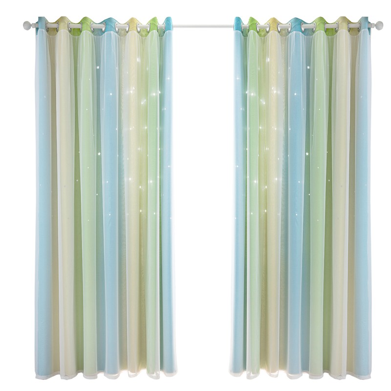 2pc Curtain Simple Gradient Hollow-out Star Pattern Double Layer Blackout