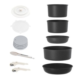 RIOVARM 16pcs Pots and Pans Set Nonstick, Kitchen Cookware Sets Detachable Handle, Induction Cookware Set with Removable Handle, Stackable RV Cookware, Oven Safe, Black