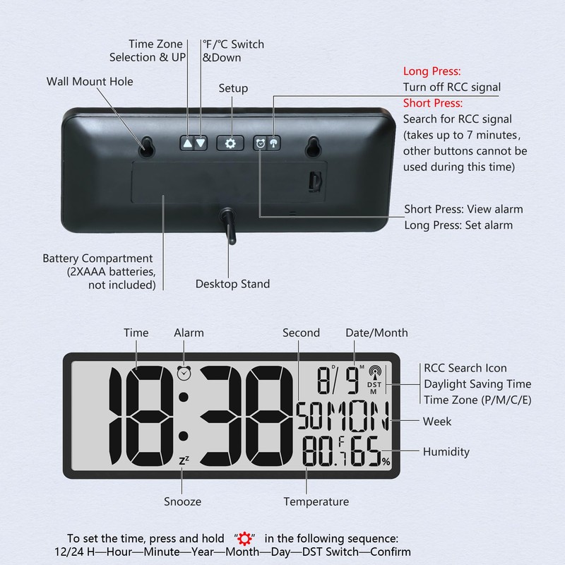 Digital LCD Atomic Desktop Clock, 7.8" Screen with Time, Date,