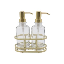 3 Piece Round Heavy Weight Glass Soap Lotion Pump Dispenser Set with Metal Caddy for Home Bath Kitchen Travel Office Hand Crafted Metal Tray Brushed Gold
