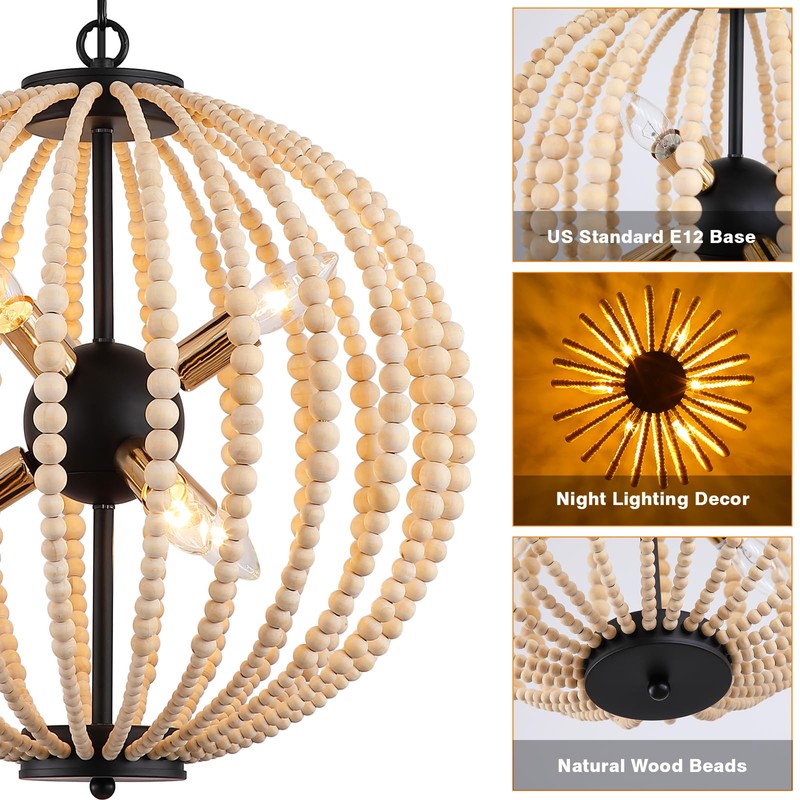3WWWUEE 18'' Boho Wood Beaded Chandelier - Black Sphere 6-Light