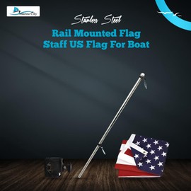 MARINE CITY 304 Grade Stainless Steel Rail Mounted Flag Staff and Black Plastic Flag Pole Base with 12 Inches x 18 Inches US Flag for Marines – Boats – Yachts (1 SET)