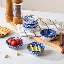 Cerkik Ceramic Soy Sauce Dish - 3 inch Small Dipping Bowls 2.7 oz Side Dishes for Appetizers Charcuterie Sushi Sauce Snack Soy - Pinch Bowls for Kitchen Prep - Set of 6 - Vintage Blue