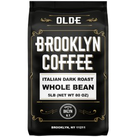 BROOKLYN COFFEE Whole Bean, Italian Dark Roast (5lb) Extra Strong, Delicious Taste, Heavenly Aroma - Fresh Bulk Coffee Beans Roasted Weekly in NYC