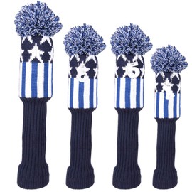 4 Piece Driver Wood FW 2 Piece Hybrid UT Knit Golf Cover Head Cover with Pendant (USA Blue)