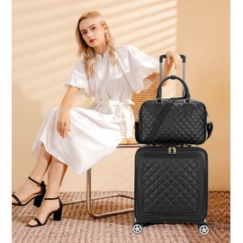 feilario 18in 2 Piece Set Travel Leather Softside Carry On Luggage Double Spinner Wheels Checked Suitcase-black