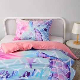 MUSOLEI Single Duvet Cover Girls Mermaid Duvet Cover Set Single Kids Duvet Cover 135x200cm and 1 Pillowcase 50x80cm Gift for Girls Single Birthday