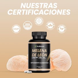 NuBoost Hongo Melena de León 1000 mg - 180 Cápsulas - 90 Porciones - Melena de Leon Capsulas - Suplemento Natural de Hongos - Lions Mane Capsules - Hecho en USA