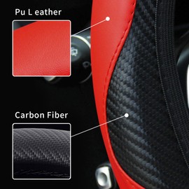 Piburth Car Steering Wheel Cover, 15 inch Carbon Fiber Microfiber PU Leather Elastic Steering Wheel Protector for Unisex, Anti-Slip Breathable Car Interior Accessories for Most Cars (Red)