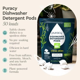 Puracy Natural Dishwasher Pods - Non Toxic Dishwasher Detergent - Natural Dishwasher Detergent - Dish Washer Pods - Dish Pods - Dish Washing Pod - Dishwashing Pods (Citrus Skies, 50 Count)