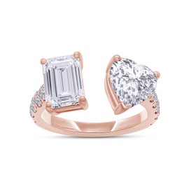 AFFY Toi Et Moi Half-Eternity Ring for Women, Round, Emerald & Heart Cut Moissanite Diamond Adjustable Engagement Ring In 14K Rose Gold Over Sterling Silver (2.30 Ctw, Clarity VVS1), Ring Size 4