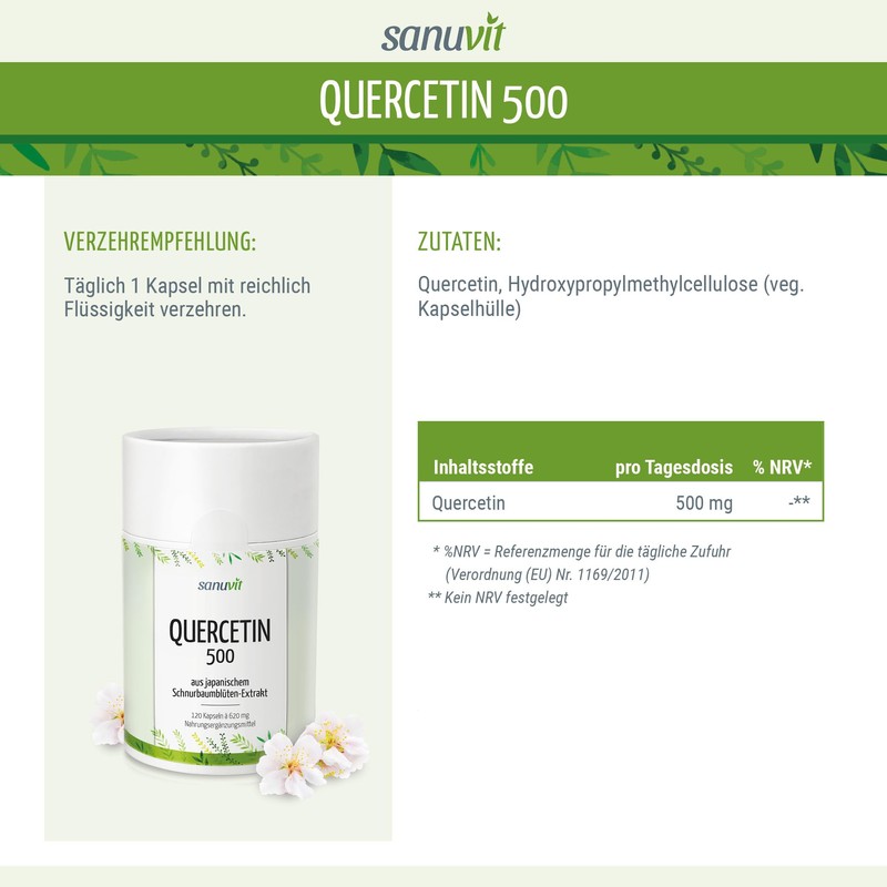 Sanuvit® - Quercetin 500 mg capsules, 120 capsules, high dosage,