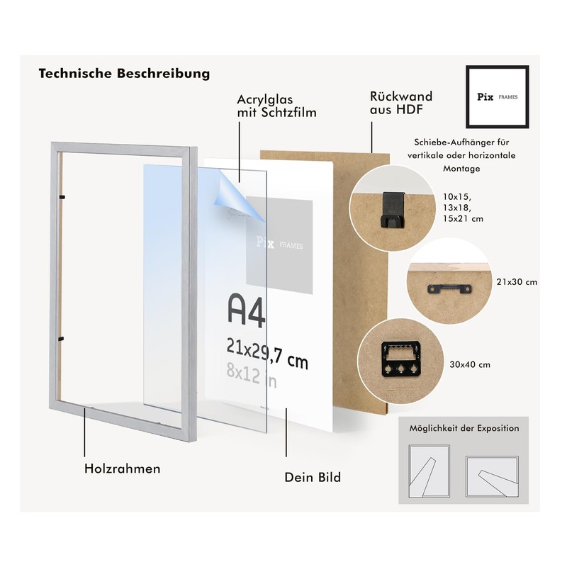 Pix FRAMES Picture Frame A4 Wood - Wooden Frame with