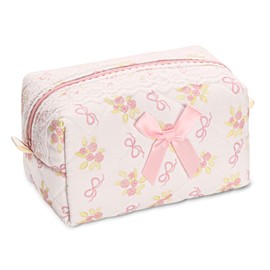Quilted Makeup Bag Small Cotton Floral Cosmetic Makeup Bag Organizer, Aesthetic Portable Pouch Purse Toiletry Bag for Women Girls