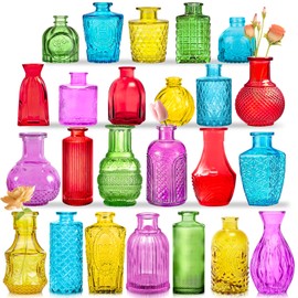 KOIUEYW Colored Glass Bud Vases Set of 24, Vintage Small Vases for Flowers, Crystal Mini Glasses in Bulk, Small Flower Design for Centerpieces Wedding Decorations Home Flower Party Decor