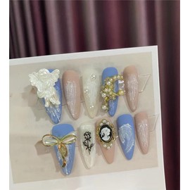 Nail Apparel Long Coffin Press on Nails-Luxury Reusable UV Finish Manicure (Large (Pack of 10), Blue 3D Angel)