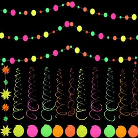 KARLOR Black Light Party Decoration, 10 Spiral 2 Garlands, Neon Garlands, UV Paper Decoration, Lights Under UV Light, Disco Party Garland, Neon Paper Garlands, Black Light Decoration, UV Glow Party