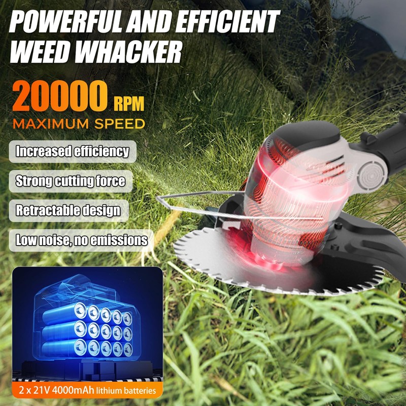 Electric Weed Wacker Eater Cordless String Trimmer Battery Powered, 21V/4000mAh