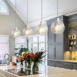 ZMKMOK 1-Light Modern Clear Art Glass Pendant Lighting Fixture Satin Nikel Metal Rods Hanging for Kitchen Island,Dinning Room,Living Room, Bedside, Entryway,Coffe House,Bar Table LED Bulb Included