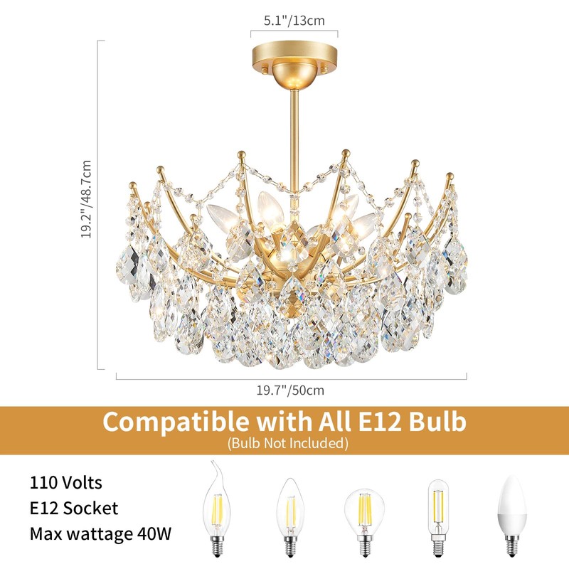 ANJIADENGSHI Crystal Chandelier Ceiling Light, Modern Semi Flush Mount Ceiling