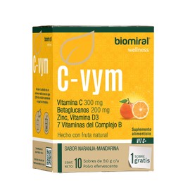 Biomiral C-VYM - Suplementos Alimenticios - Vitamina C, Betaglucanos, Vitamina D3, Zinc Y 7 Vitaminas del Complejo B - Caja con 10 Sobres + 1 Regalo - Polvo Efervescente - Sabor Naranja-Mandarina