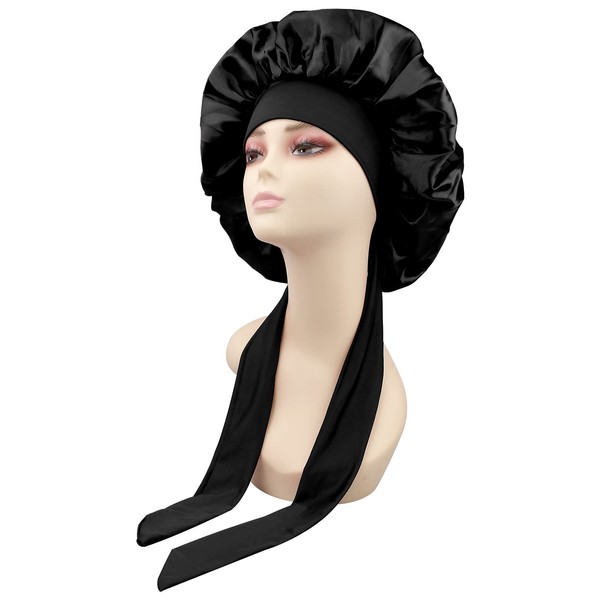 Tibapla Women's Satin Sleep Cap, Silk Cap for Sleeping Curls, Shower Cap, Black, Satin Bonnet, Adjustable, Suitable for Head Circumference 56 to 60 cm, Reusable Shower Cap, black