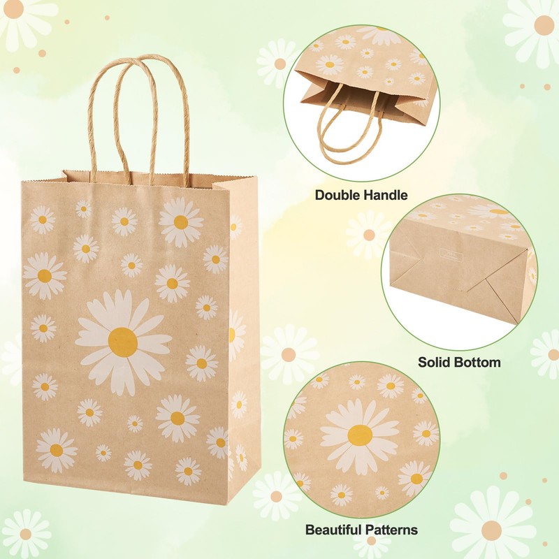 Cheriswelry 12Pcs Kraft Paper Bags Daisy Flower Paper Gift Bags