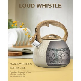 Hauce Radio Tea Kettle Stovetop Teapot, 2.5 Quart Loud Whistle Food Grade Stainless Steel and Smooth Wood Pattern Handle, Sophisticated Look for Hiking, Picnic, for Tea, Coffee Milky White